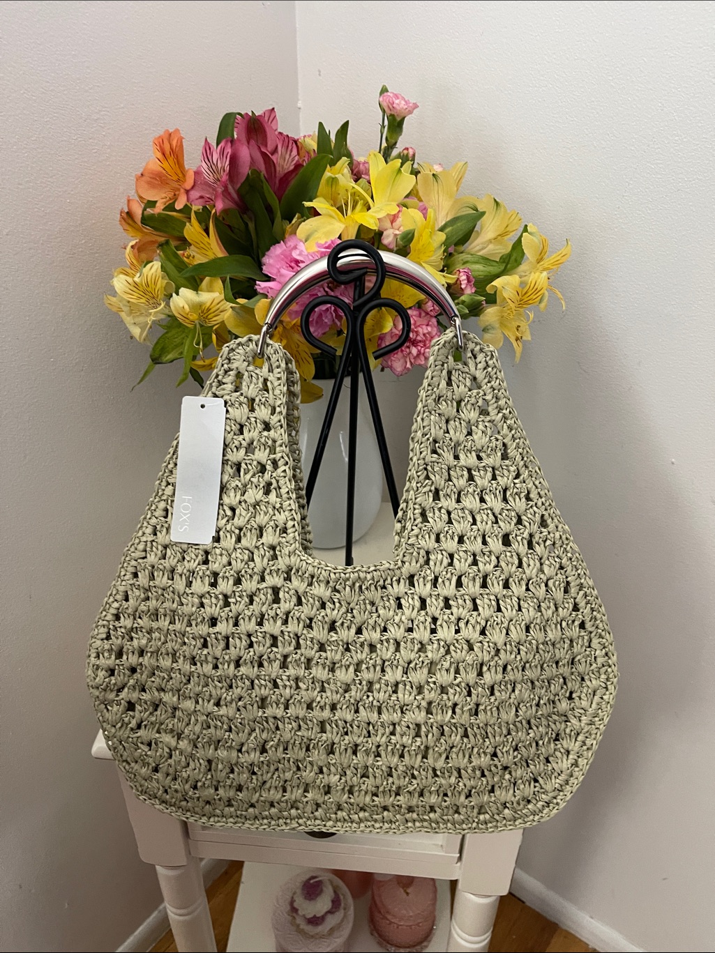 Urban Expressions Light Olive Green Crochet Shoulder Bag With Silver Handles